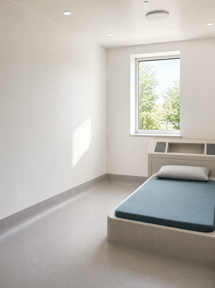 Behavioral health, finished in hygienic wall cladding with a coved floor junction.
