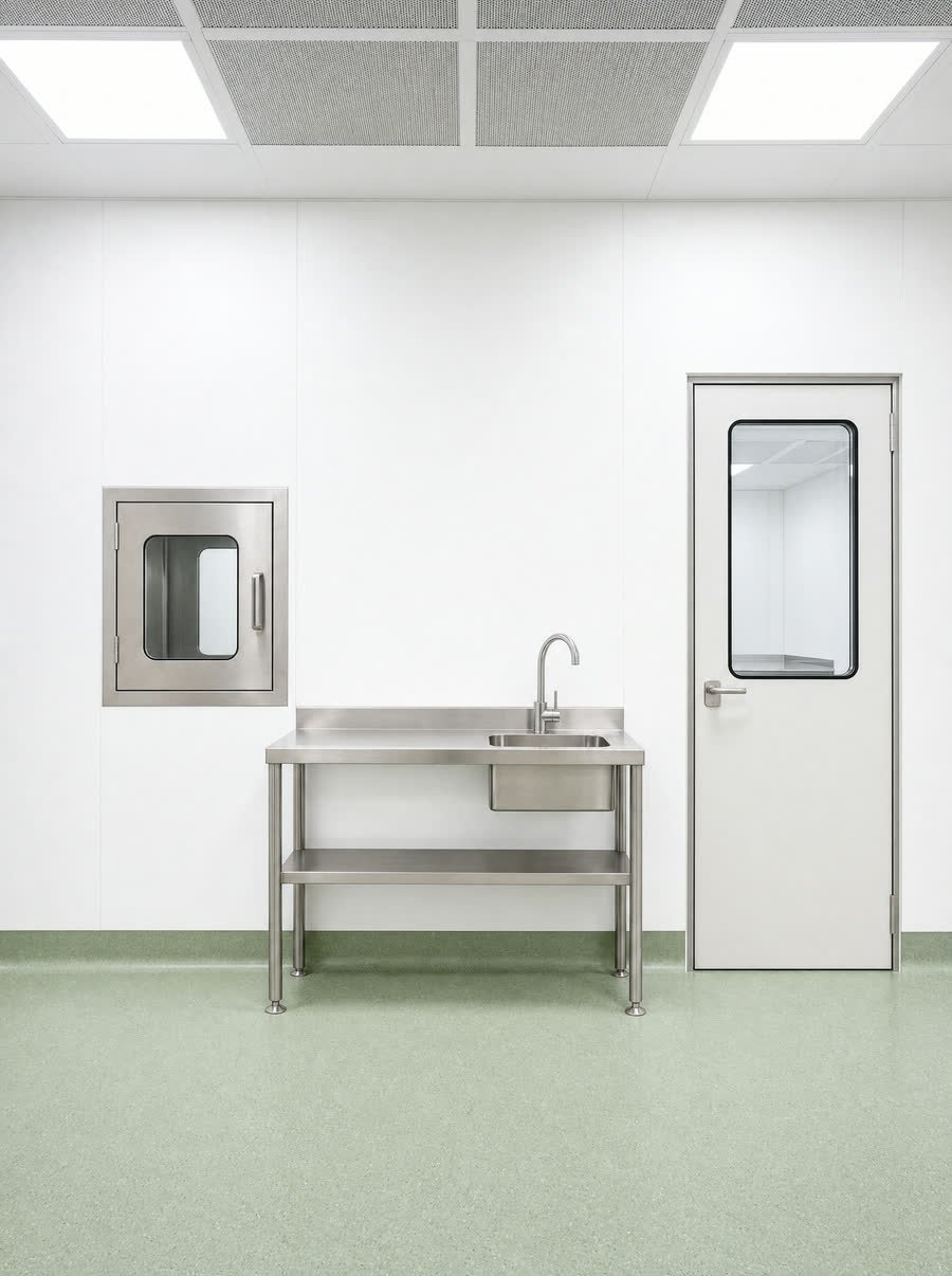 Cleanrooms and labs, finished in hygienic wall cladding with a coved floor junction.