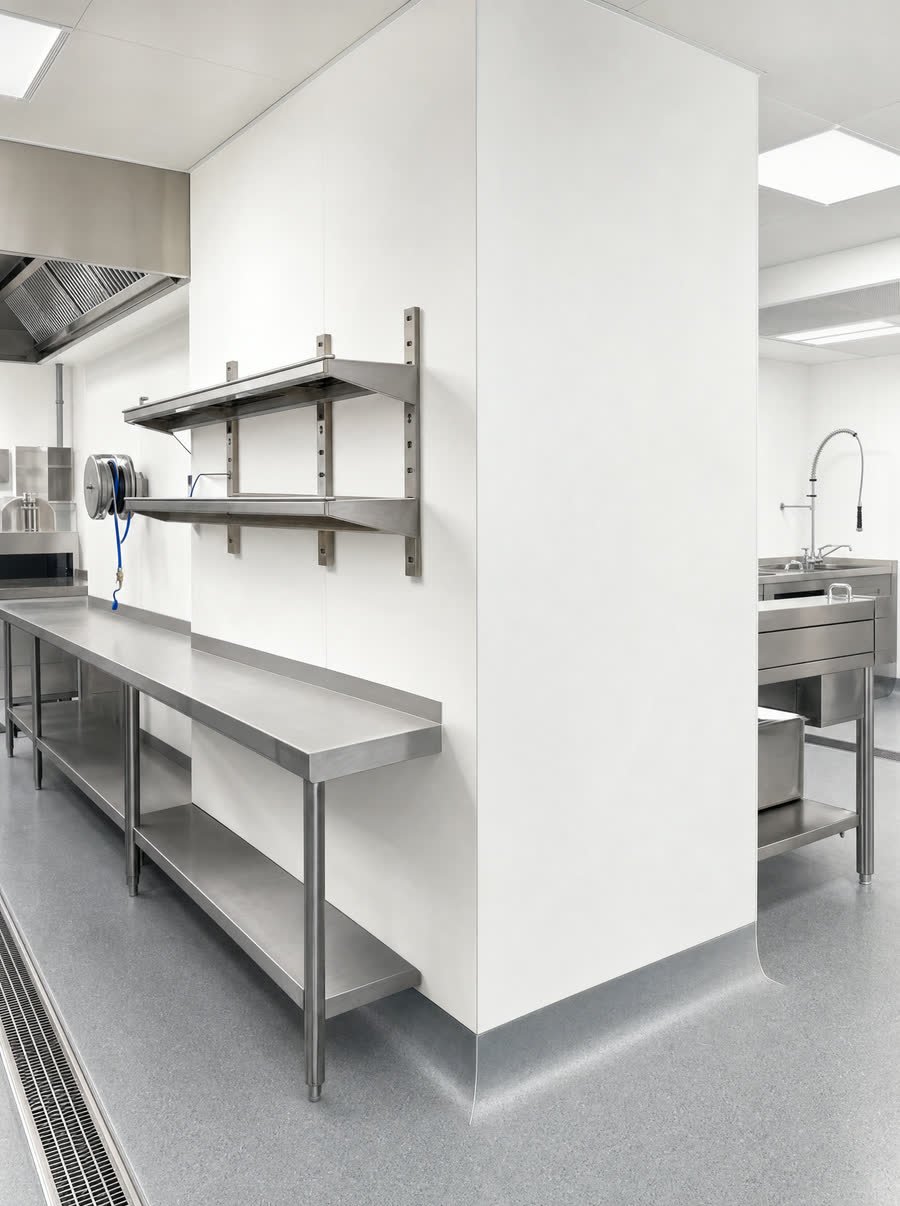 Commercial kitchens, finished in hygienic wall cladding with a coved floor junction.