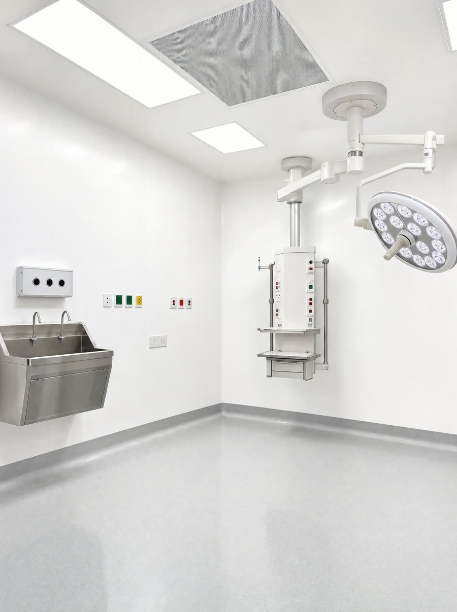 Operating rooms, finished in hygienic wall cladding with a coved floor junction.