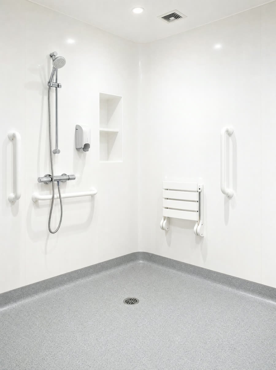 Showers and wet rooms, finished in hygienic wall cladding with a coved floor junction.