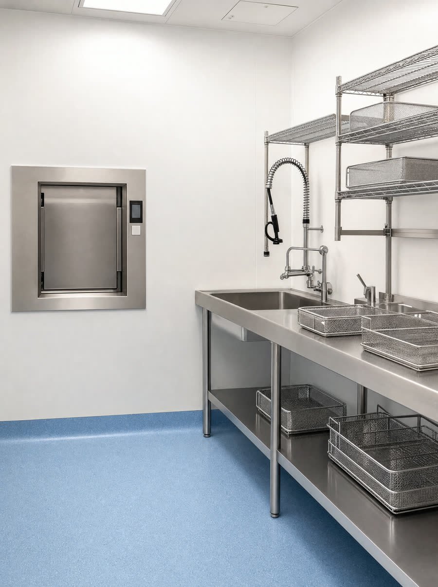 Sterile processing, finished in hygienic wall cladding with a coved floor junction.
